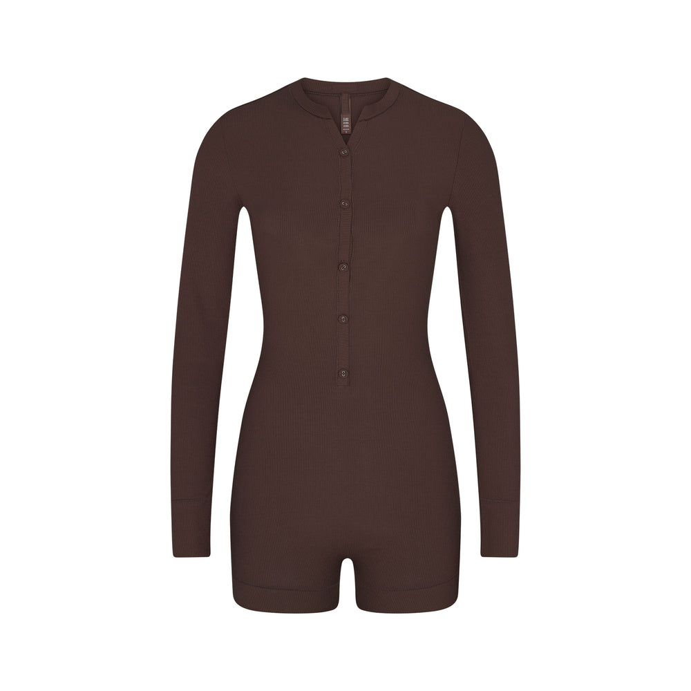 Skims SOFT LOUNGE BUTTON UP HENLEY Onesie Cocoa | PRAO12375