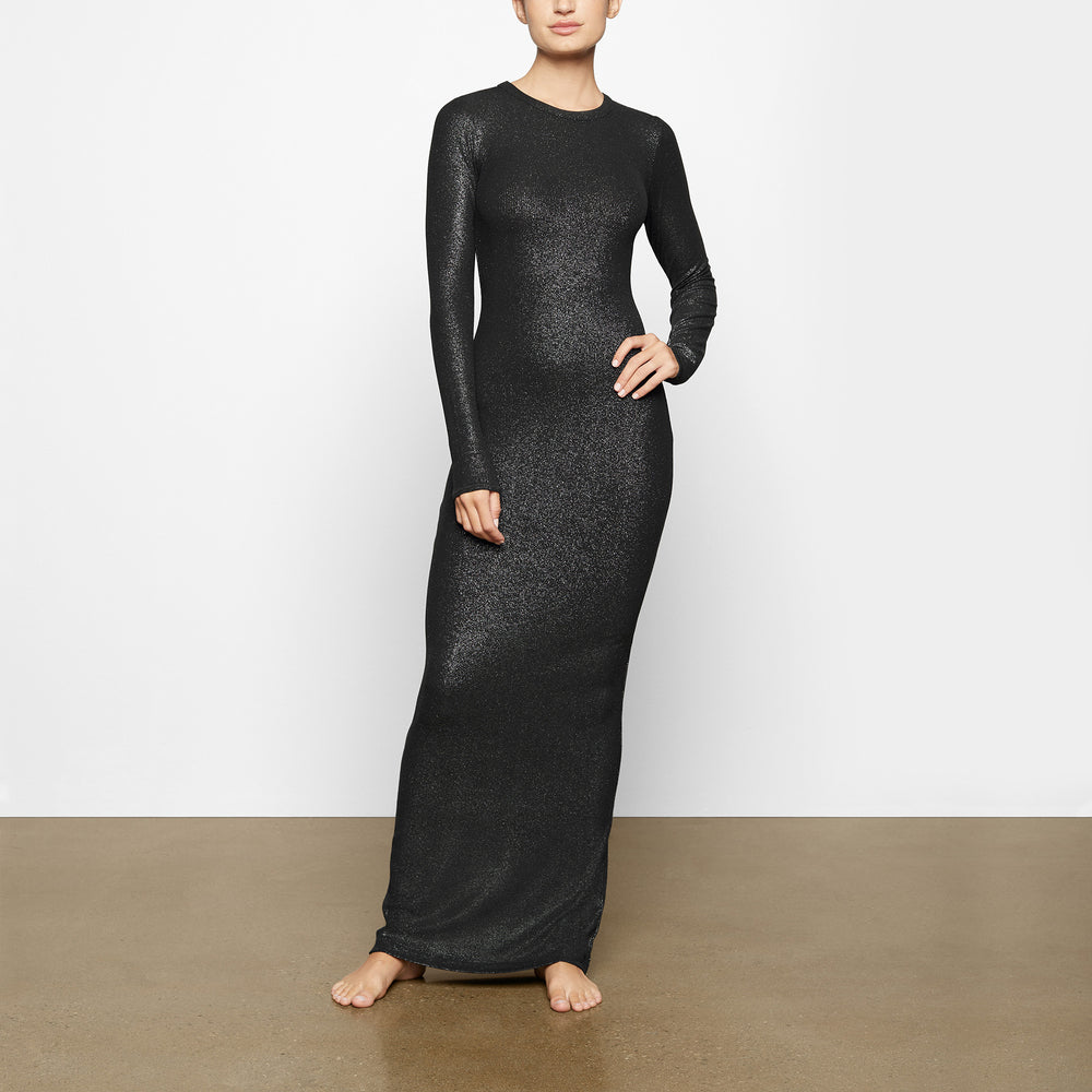 Skims SOFT LOUNGE SHIMMER CREW NECK LONG Dress Onyx | TXNF01472