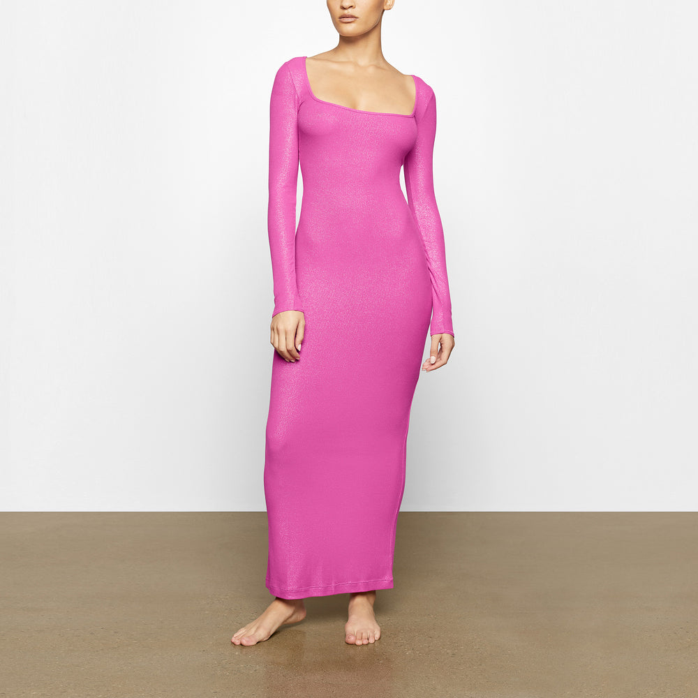 Skims SOFT LOUNGE SHIMMER LONG SLEEVE Dress Fuchsia | SKBJ34782