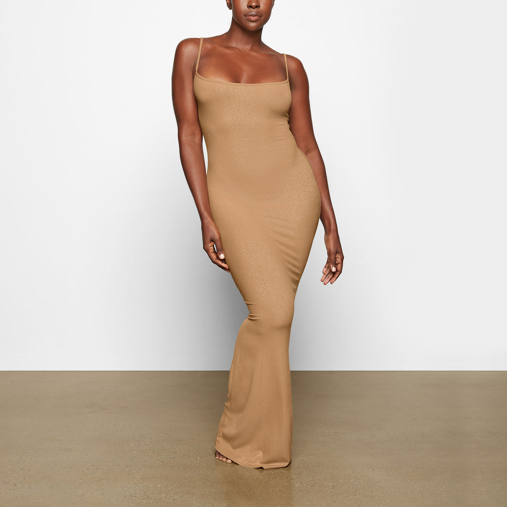 Skims SOFT LOUNGE SHIMMER LONG SLIP Dress Camel | XGCK97136