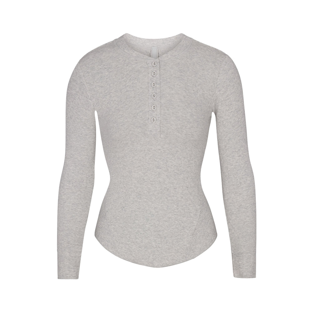 Skims COTTON RIB HENLEY LONG SLEEVE T-shirt Light Heather Grey | FYCL63105