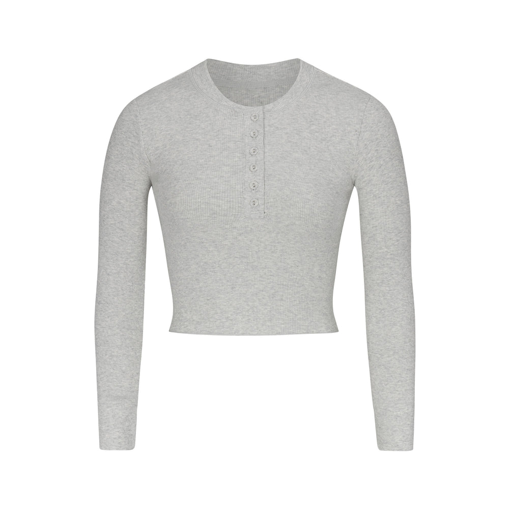 Skims COTTON RIB LONG SLEEVE CROP Henley Light Heather Grey | VYEJ32607