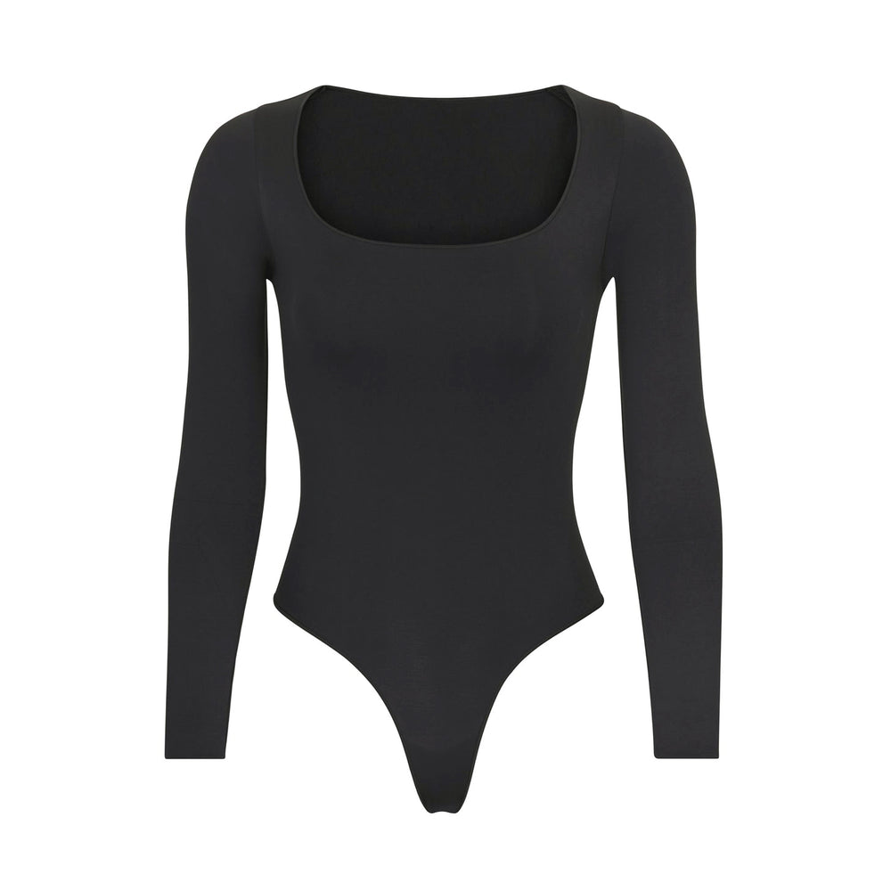 Skims ESSENTIAL SCOOP NECK Long Sleeve Bodysuit Soot | QSVA37840