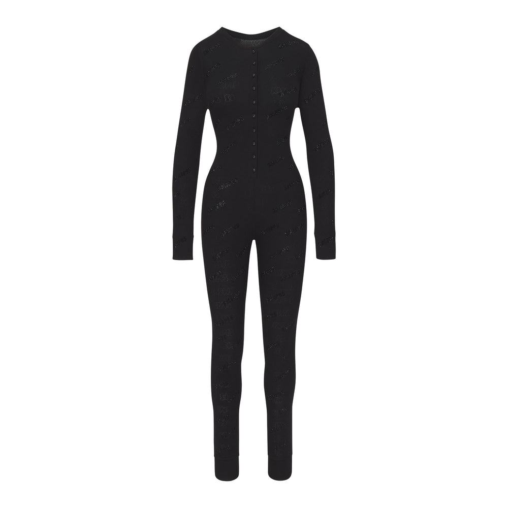 Skims RHINESTONE LOGO POINTELLE Onesie Onyx | 6504UKTVQ