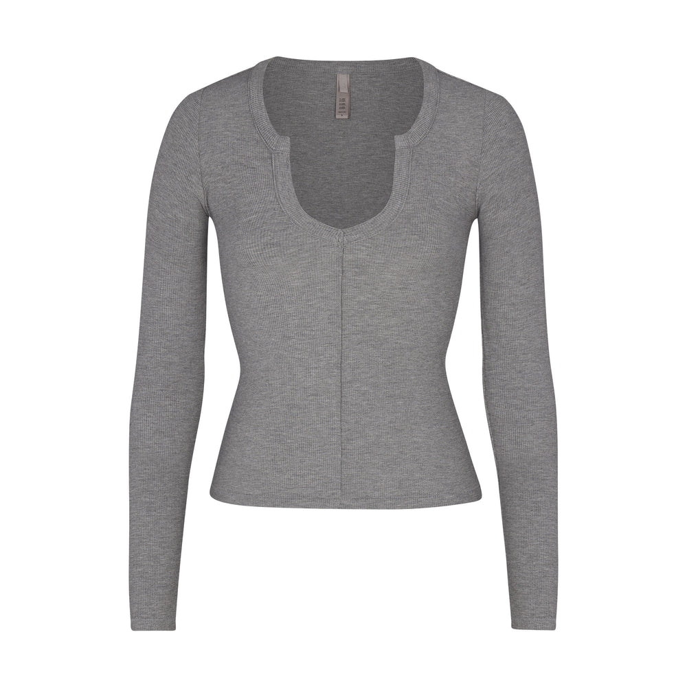 Skims SOFT LOUNGE SPLIT NECK LONG SLEEVE T-shirt Heather Grey | UIHY76408