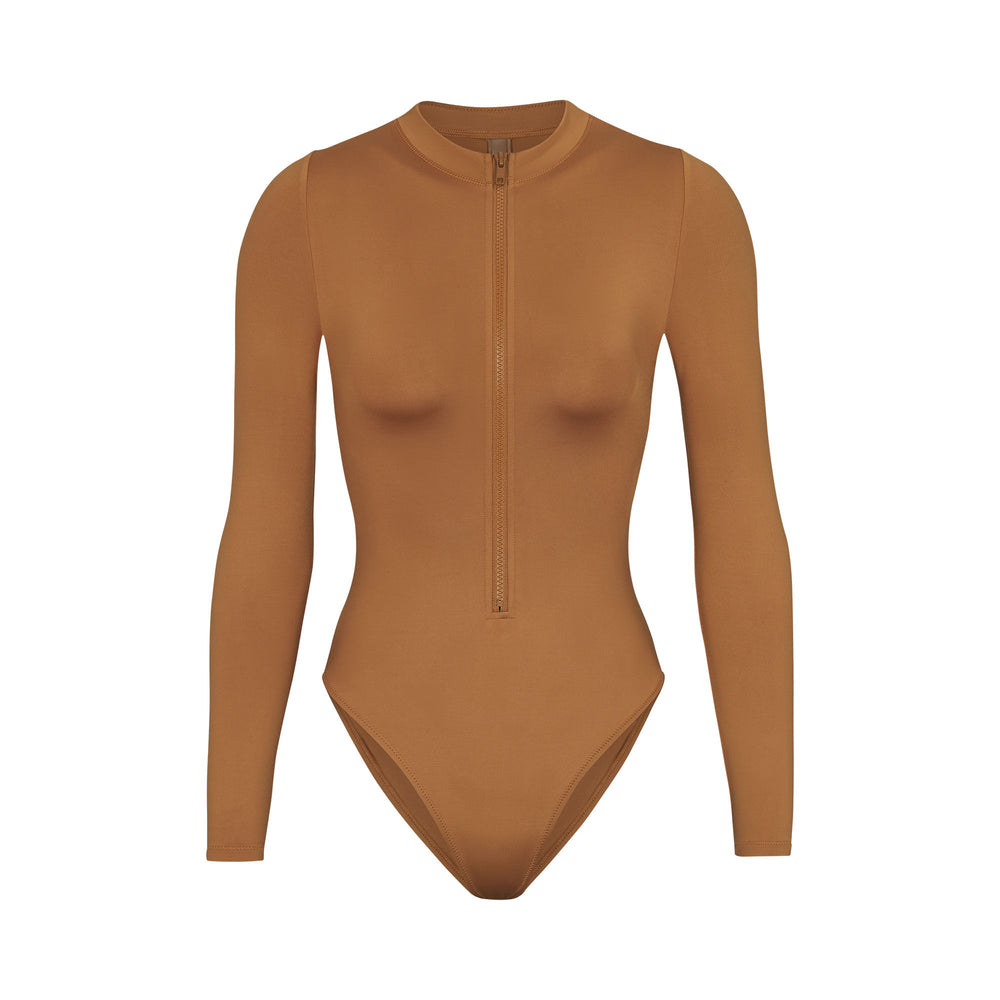 Skims SWIM ZIP FRONT LONG SLEEVE One Piece Almond | LUQG49238