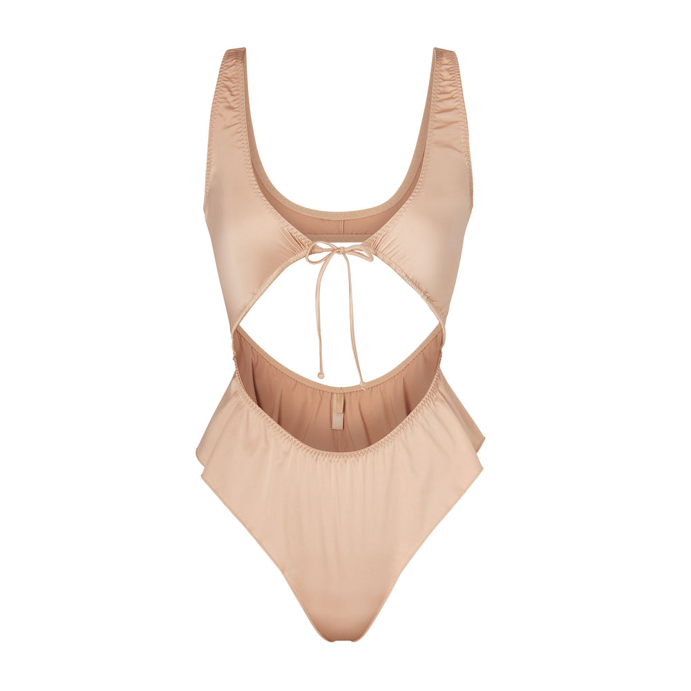 Skims WOVEN SHINE TIE FRONT Bodysuit Pink Sand | LEOW51032